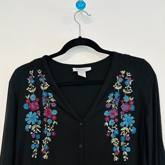 Fresco Nomadic Traders Boho Top Womens Small Black Floral Embroidered V-Neck EUC - Picture 2 of 6